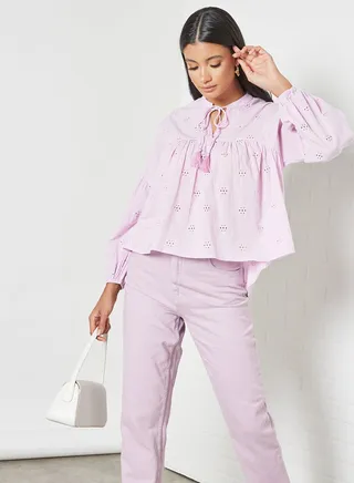 Broderie Tie-Up Neck Top Lilac 