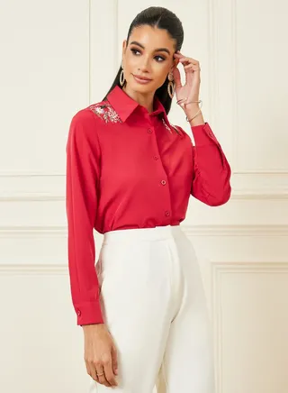 Floral Embroidered Collared Shirt