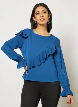 Women's Plain Basic Design Casual Ruffle Sleeve Top Blue 