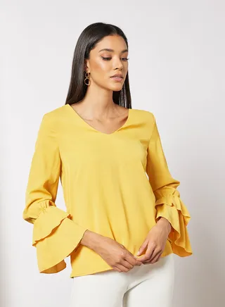 Women's Plain Basic Design Casual V-neck Puff Sleeve Top Yellow 