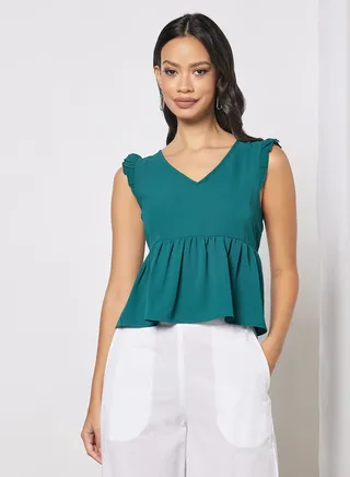 Women's Plain Basic Design Casual V-neck Top Dark Green 