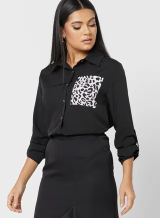 Animal Print Pocket Patch Detail Shirt