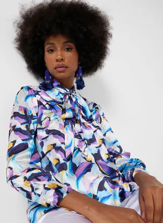 Printed Neck Tie Detail Top