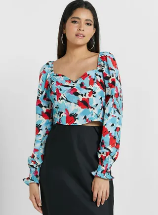 Floral Print Balloon Sleeve Crop Top 