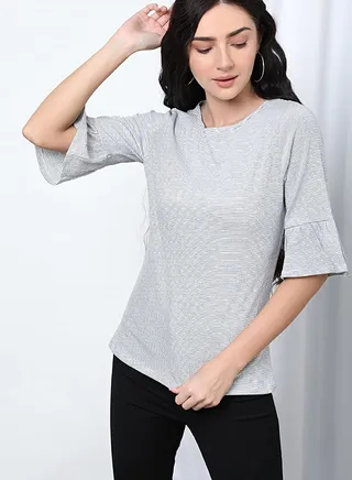Round Neck Bell Sleeve Woven Top White 