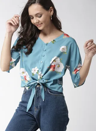 Floral Printed V-Neck Boxy Top Niagara 