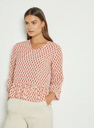 V-Neck Flared Sleeve Printed Top Beige 