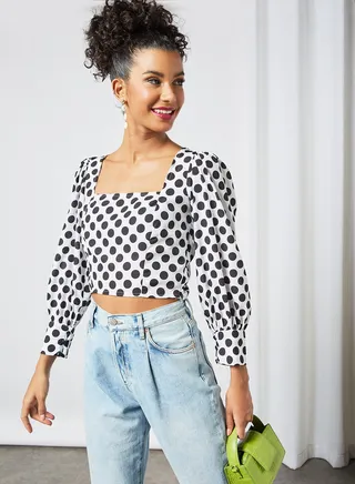 Polka Dot Print Crop Top White 
