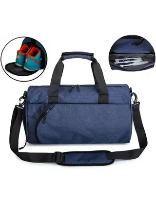 Gym Bag, Sports Duffel Bag With Shoes Compartment, Water resistant, Wet Pocket, inner zip pocket, detachable soft shoulder strap, suitcase handle strap, Unisex, for Women and Men (Blue) 