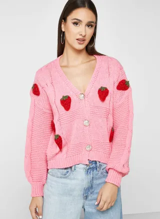 Strawberry Print Intarsia Cardigan 