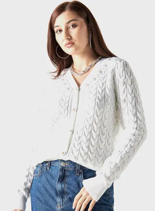 Embellished Button Down V-Neck Cardigan 