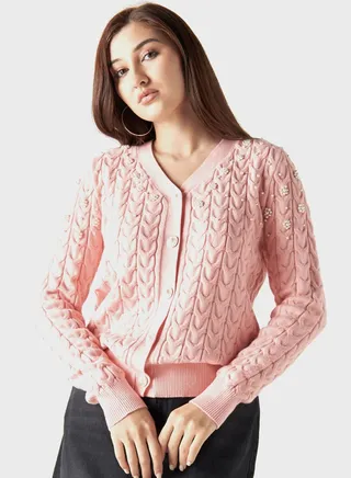 Embellished Button Down V-Neck Cardigan 