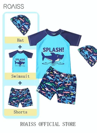 3 Piece Kids Swimsuit with Cap Set Toddler Boys Letter Shark Print Swimwear Children Swimming Trunks Short Sleeves Clothing Beachwear Bathing Suit for Summer Blue/Multicolor 