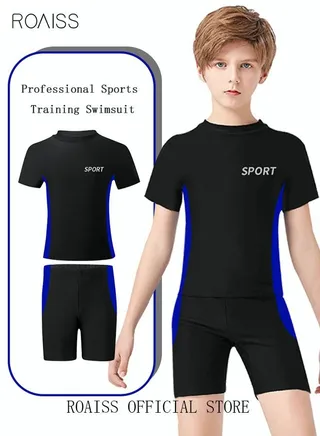 2 Piece Boys Swimsuit Swimming Trunks Set Toddler Kids Training Quick Dry Swimwear Children Short Sleeves Clothing Beachwear Split Bathing Suit for Summer Black 