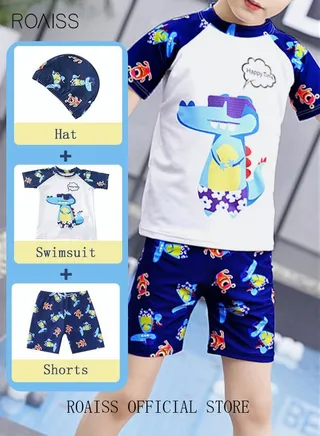 3 Piece Kids Swimsuit with Cap Set Toddler Boys Cartoon Crocodile Print Swimwear Children Swimming Trunks Short Sleeves Clothing Beachwear Bathing Suit for Summer Blue/White 