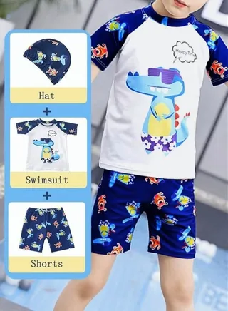 3 Piece Kids Swimsuit with Cap Set Toddler Boys Cartoon Crocodile Print Swimwear Children Swimming Trunks Short Sleeves Clothing Beachwear Bathing Suit for Summer Blue/White 