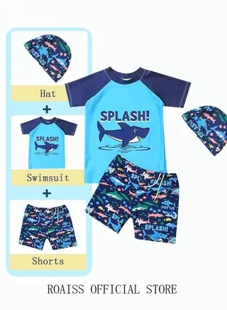 3 Piece Kids Swimsuit with Cap Set Toddler Boys Letter Shark Print Swimwear Children Swimming Trunks Short Sleeves Clothing Beachwear Bathing Suit for Summer Blue/Multicolor 