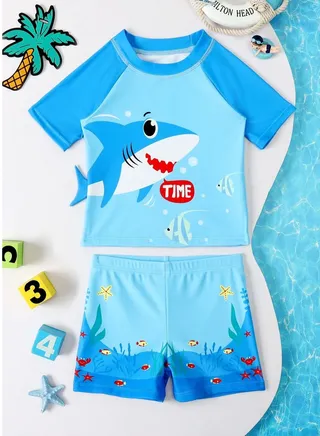 Boys Swimwear Suit Printed Shark Adjustable Two Pieces Kids Swimming at Sea, Beach and Pool 