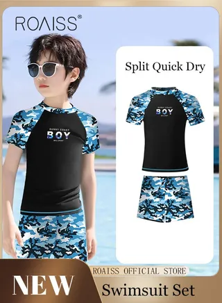 2 Piece Boys Swimsuit Swimming Trunks Set Toddler Kids Training Quick Dry Swimwear Children Short Sleeves Clothing Beachwear Split Bathing Suit for Summer 