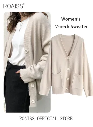 Ladies Solid Color Knitted Jacket Ladies V Neck Loose Cardigan Ladies Long Sleeve Sweater Jacket Large Pocket Design Loose Preppy Style Ladies Knitted Sweater 