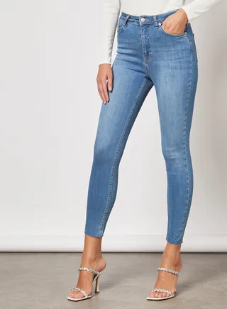 Skinny High Waist Raw Hem Jeans Mid Blue 