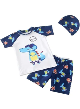 Swimsuit Set，Short Sleeve Kids Rash Guard Dinosaur Boys Bathing Suit with Sun Cap for 3-6 Years，Swimsuit Set for Boys-Suitable for Children Swimming Sea, Beach, and Swimming Pool 