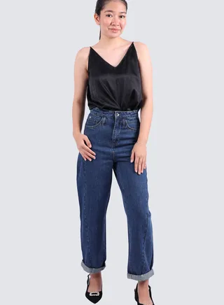 Women's Wide Leg Folded Ancle Denim Jeans in Blue 