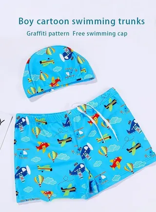 Toddler Boys Swimming Trunks with Cap Kids Size S, Airplane Print Swimsuit Swimwear Children Short Pants Clothing Beachwear Quick Dry Bathing Suit for Summer Multicolor 