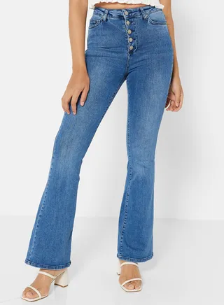 Buttoned Wide Hem Jeans Indigo 