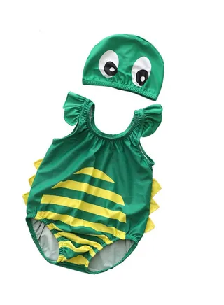 One-Piece Cartoon Quick Dry Swimsuit with Cap Green/Yellow 