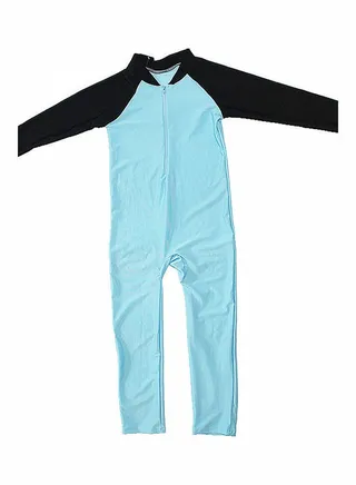 Long Sleeve Kid Conservative Swimsuit Light Blue/Black 