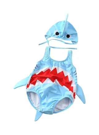 One-Piece Cartoon Shark Quick Dry Swimsuit with Cap Blue/Red 