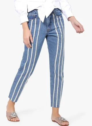 Slim Ankle Grazer Mid-Rise Mom Jeans Blue 