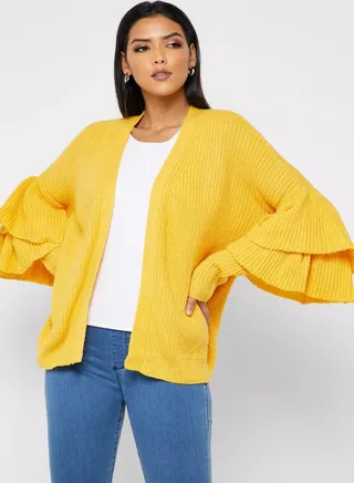Knitted Layered Sleeve Cardigan Yellow 