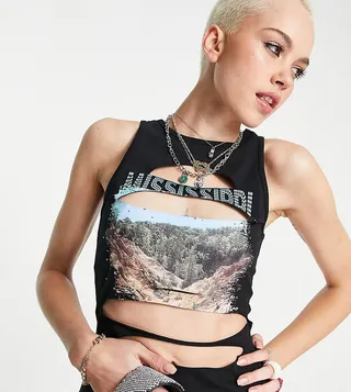 ASYOU slash front Mississippi graphic T-shirt dress in black