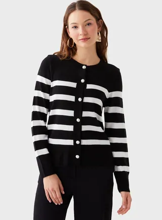 Crew Neck Striped Cardigan 