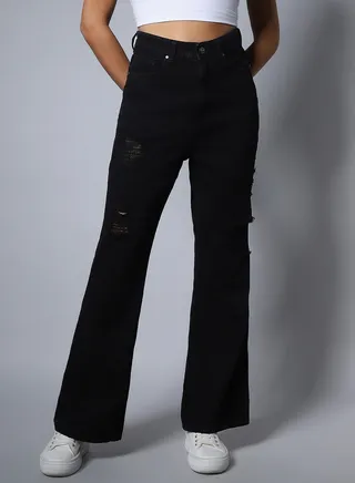 Non Stretch Flare Fit High Distress Jeans 