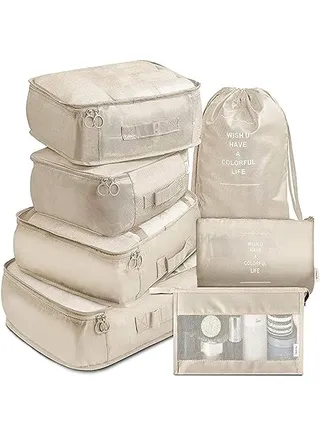 7CS Set Travel Luggage Organizer, Pritzker Storage Bag Waterproof Traveling Accessories Pouches Clothes Suitcase Packing Organizers (Beige) 