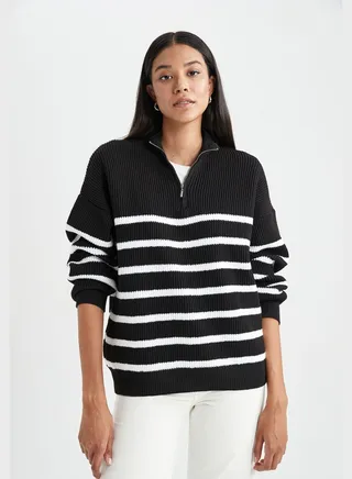 Regular Fit Stripe Detailed Zipper Sweater 
