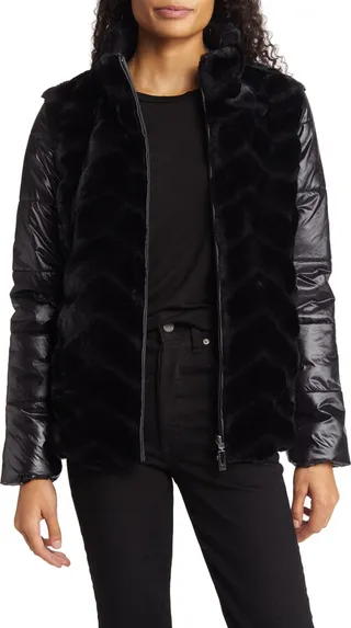 Zip Front Faux Fur Reversible Puffer Jacket