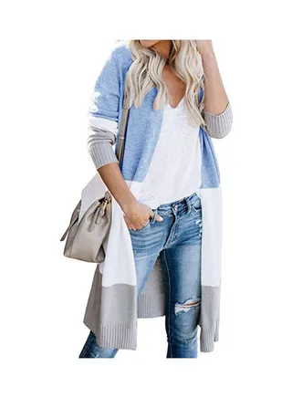 Color Block Long Sleeve Cardigan Blue 