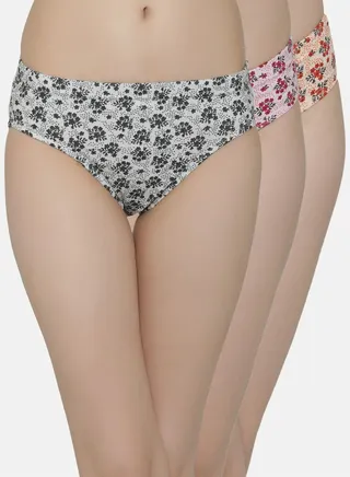 Clovia Pack of 3 Mid Waist Floral Print Hipster Panties with Inner Elastic - Cotton 