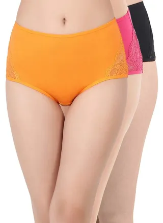 Clovia Pack Of 3 Cotton High Waist Hipster Panty With Lace Panels 