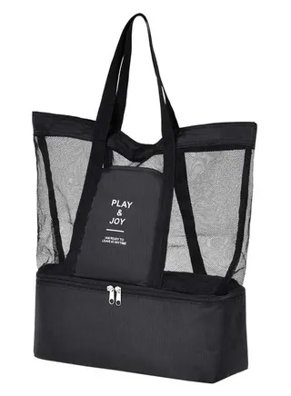 Shoulder Mesh Tote Bag with Insulated Thermal Food Compartment for Picnic Beach Sports Gym Travel (Black) 