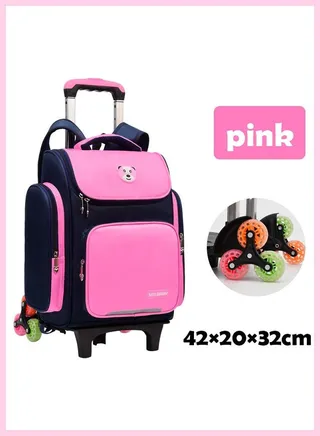 Rolling Trolley Bag Wheeled Backpack Primary Schoolbag with 6 Wheels Elementary School Students Schoolbag Middle School Trolley Bookbag (Pink) 