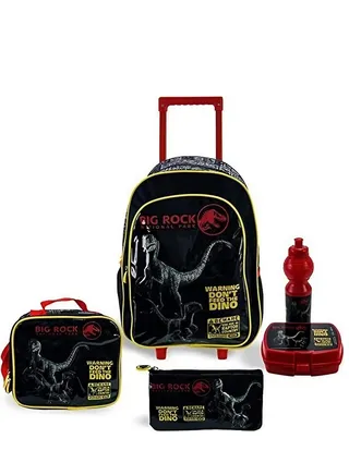 Jurassic World 5 in 1 Backpack Set with Trolley - Dinosaur-Themed School Accessories, Don’t Feed The Dino Backpack, Raptor Warning Lunch Box, and More 