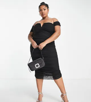 ASOS DESIGN Curve v wire bardot ruched mesh midi dress in black