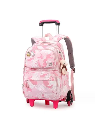 Rolling Backpack for Kids Solid Color Trolley Bookbags Elementary School Students Schoolbag 
