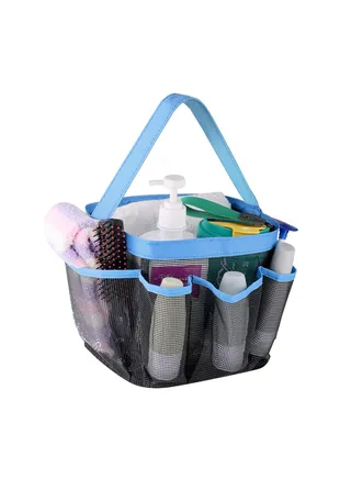 Shower Tote Bag, 7 Pocket Bag Portable Caddy Organizer Mesh Bathroom Storage Dorm Room Essential Large Capacity Handle for Gym Camping(Black, Blue) 