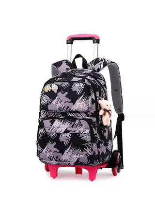 Rolling Backpack for Kids Solid Color Trolley Bookbags Elementary School Students Schoolbag 